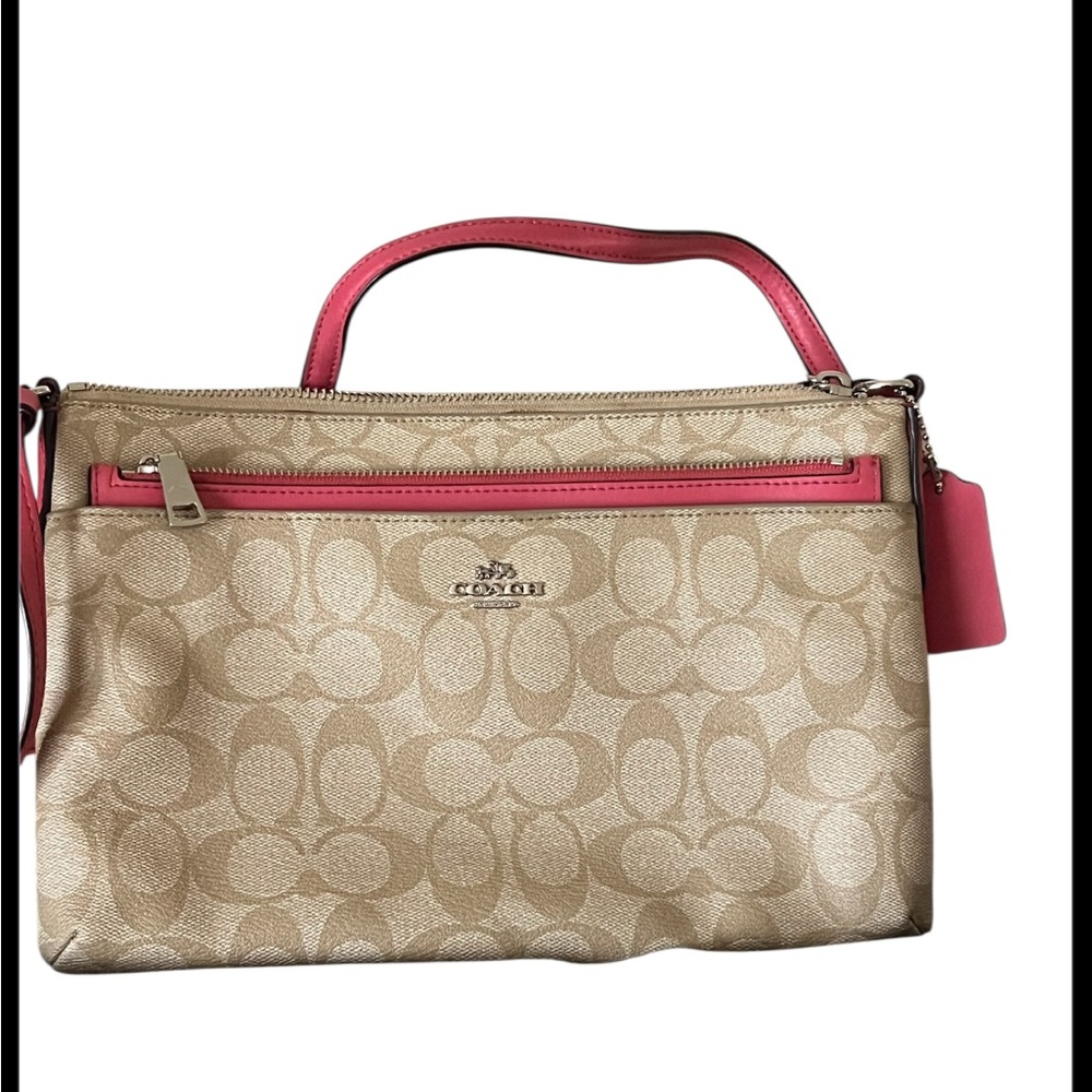 Coach Tan and Pink Crossbody Bag with Signature Pattern
